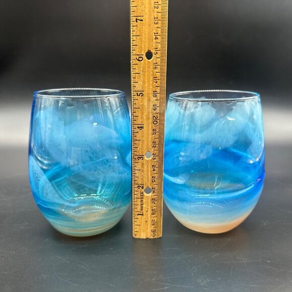Stemless Wine Glasses Abstract Beach Blue Sandy Brown Nautical Cups Tumblers - Picture 8 of 8